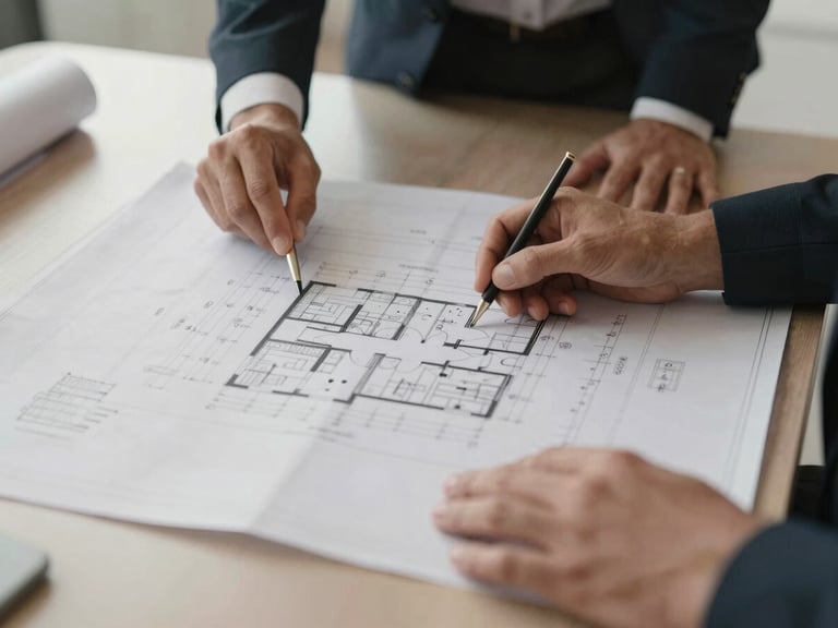Close-up of hands reviewing architectural blueprints on a polished conference table, professional and unposed, soft natural daylight, muted earth tones, medium format, bleeding to the left edge.