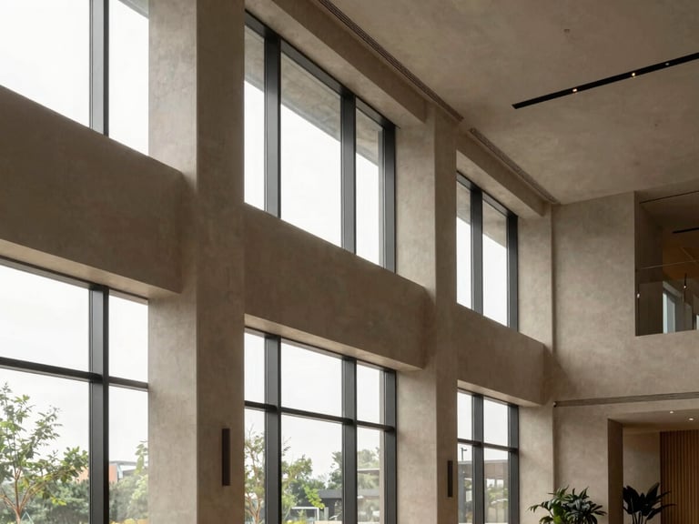 Interior shot of a modern, high-ceilinged lobby in a commercial building, minimalist design, soft natural light through large windows, muted earth tones, medium format, bleeding to the right edge.