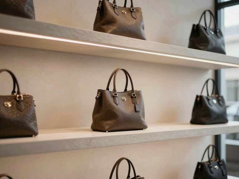 Close-up of an elegant retail display of luxury handbags, soft lighting highlighting textures, architectural composition, 35mm