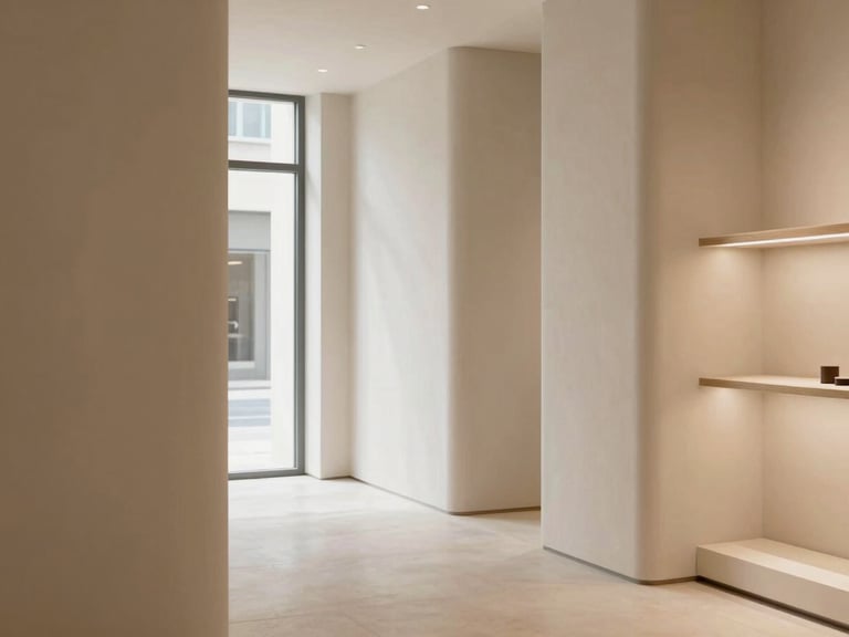 Architectural shot of a clean, minimalist store interior with a clear path for foot traffic, warm light, 35mm