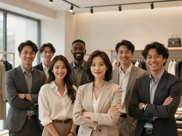 Professional headshot of a diverse, well-dressed retail team smiling confidently in a modern store setting, warm light, 35mm