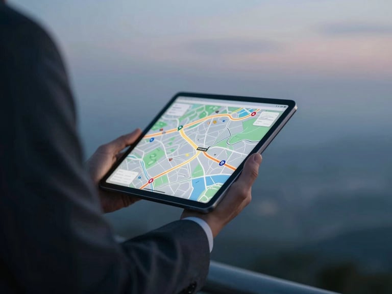 Cinematic close-up of a hand in a tailored dark suit holding a tablet showing a glowing route map, cool twilight lighting, sharp focus, negative space on the right.