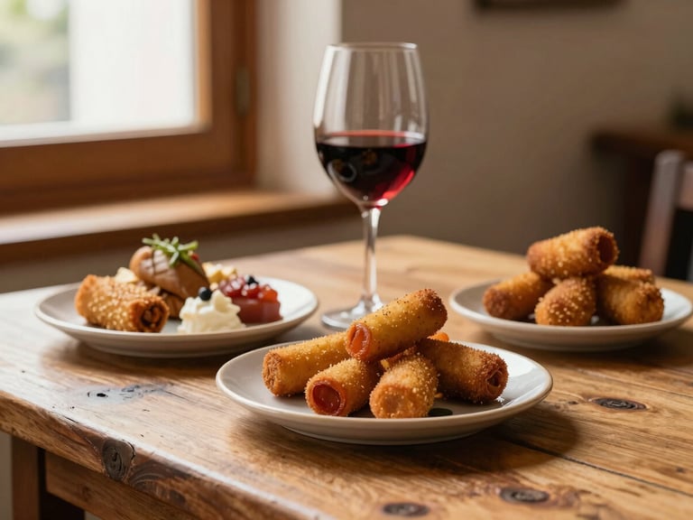 Medium close-up of a rustic wooden table with plates of Spanish tapas, croquetas, and a glass of red Ribera del Duero wine, warm window lighting, 50mm