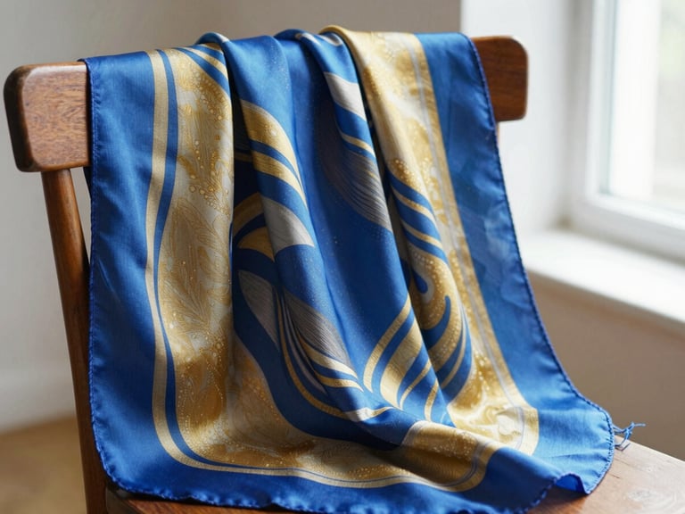 Close-up of a finished hand-painted silk scarf with organic blue and gold patterns, draped naturally over a wooden chair in a sunlit studio, shallow depth of field, 35mm