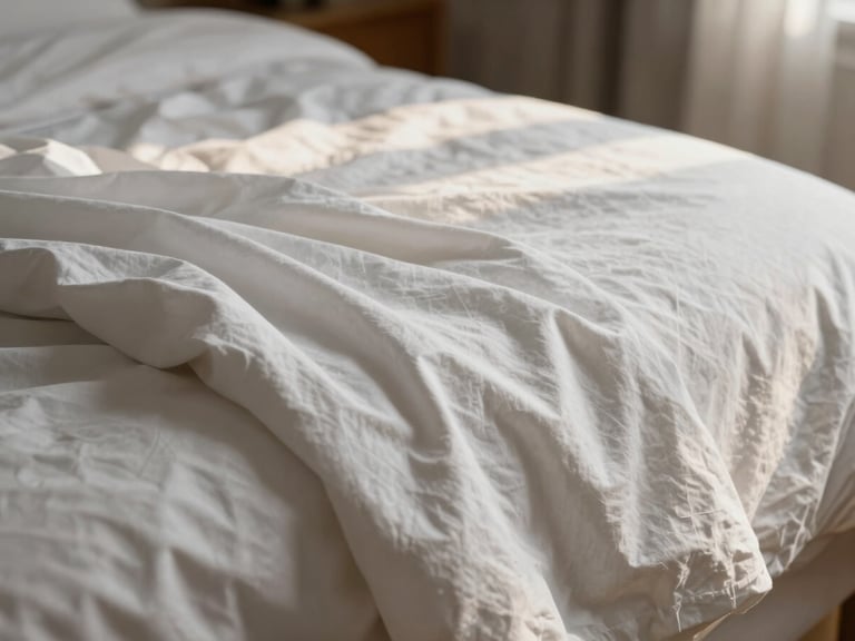 Détail macro de draps en lin blanc impeccablement repassés, posés sur un lit king-size, lumière dorée de fin d'après-midi filtrant à travers un voilage.