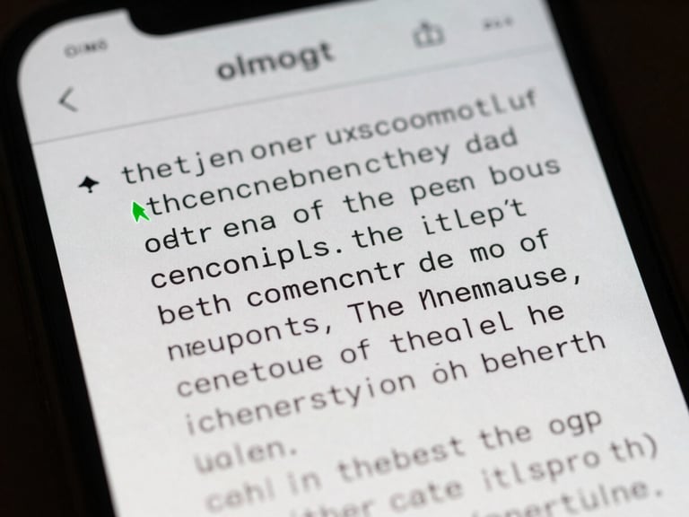 Extreme close-up of a mobile screen displaying a distraction-free plain text editor with monospace typography and green cursor highlight under low-key studio lighting.