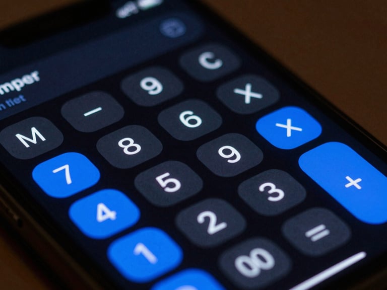 Extreme close-up of a mobile screen displaying a distraction-free calculator interface with monospace typography and vibrant blue active states under low-key studio lighting.