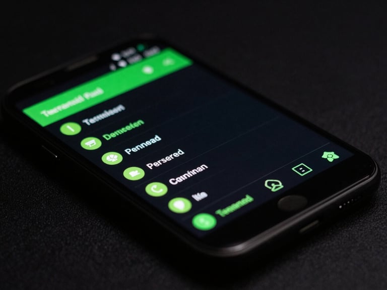 Macro studio shot of a high-contrast terminal interface on a physical Android phone screen, neon green UI accents glowing in a dark environment.