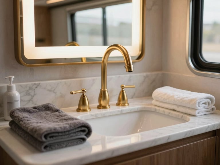 Close-up of a luxury trailer interior, featuring a white marble countertop, brushed gold faucet, warm backlit mirror, and premium hand towels