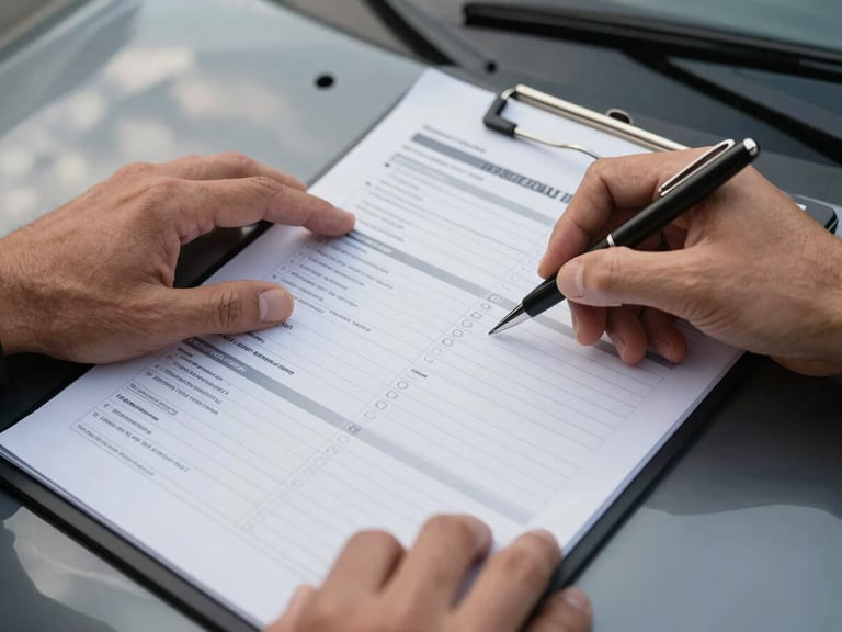 Close-up overhead shot of hands reviewing a printed vehicle inspection report spread on a car hood in open daylight, pen pointing at a checked item, clipboard with checklist visible beside it, overcast natural light, sharp detail