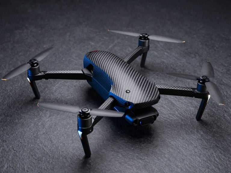 Sleek commercial product photography of an enterprise carbon-fiber drone on a dark slate surface, cool crisp studio lighting with subtle blue highlights, sharp focus, 50mm
