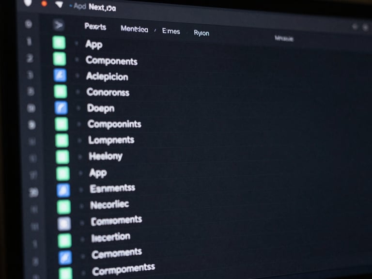 A clean, dark terminal sidebar displaying a standard Next.js App Router directory tree, with folders like app, components, and lib highlighted in neon-mint screen glow, macro lens, shallow depth of field