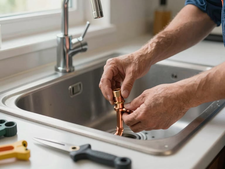 Close-up of a licensed plumber's hands installing copper pipe fittings beneath a kitchen sink, bright natural light from window above, tools and materials visible on the counter, mid-work moment showing competence and focus.