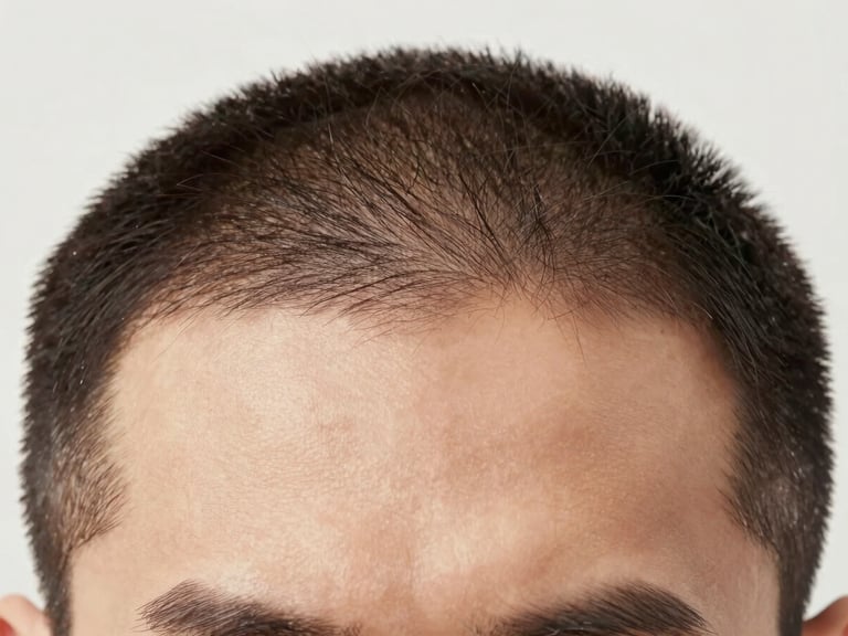 Close-up of a natural male hairline, soft lighting, clean clinical photography, high-end medical aesthetic.