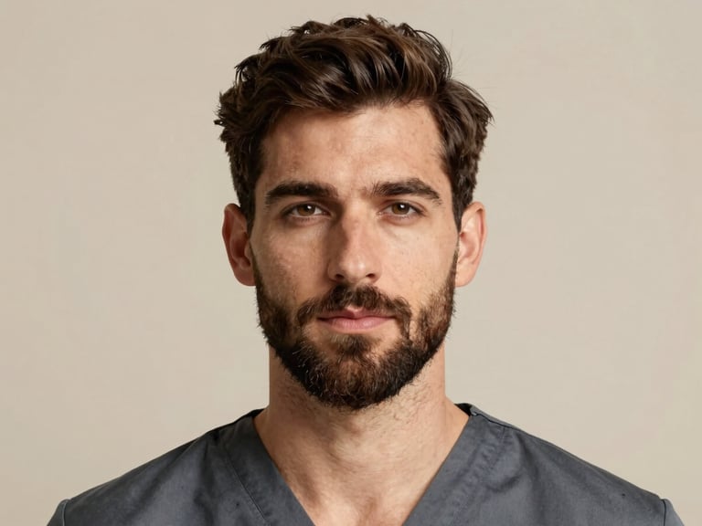 Elegant portrait of a confident man with a well-defined, natural beard, soft studio lighting, clean clinical photography.