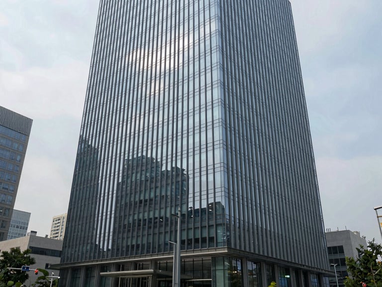 Full exterior rendering of a glass curtain-wall commercial tower in an urban context, precise mullion geometry, cool overcast daylight, street-level perspective showing full building height