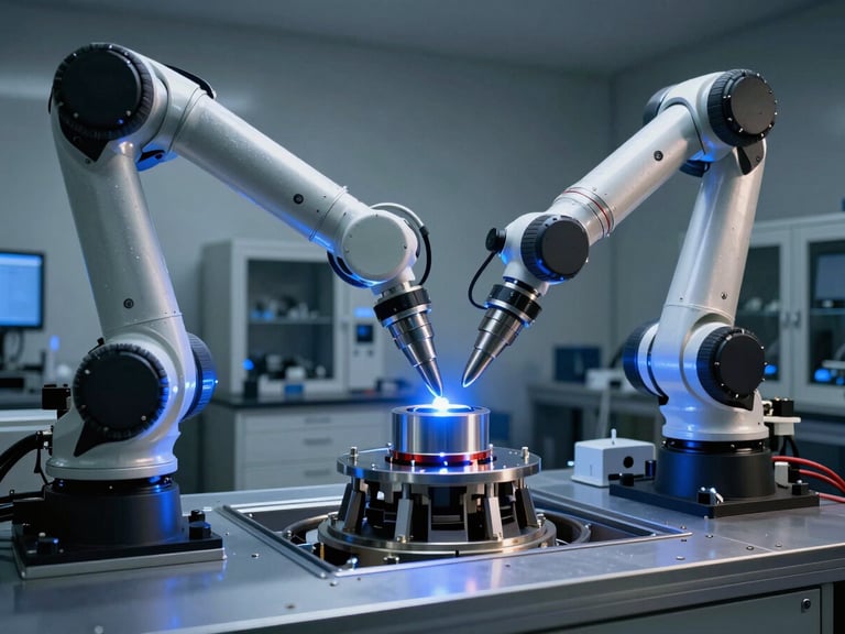 Wide-angle high-contrast cleanroom photography, robotic assembly arms positioning a Hall-effect thruster nozzle under cool blue LED lighting, deep shadows.
