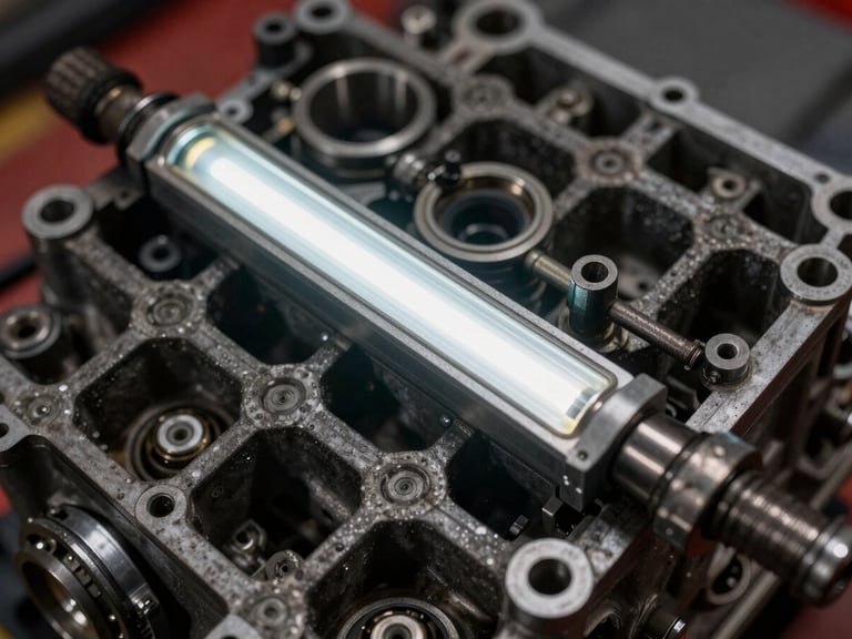 Macro close-up of heavy-duty diesel engine components being calibrated, cool fluorescent work lamps reflecting off metallic surfaces, gritty industrial texture, 35mm