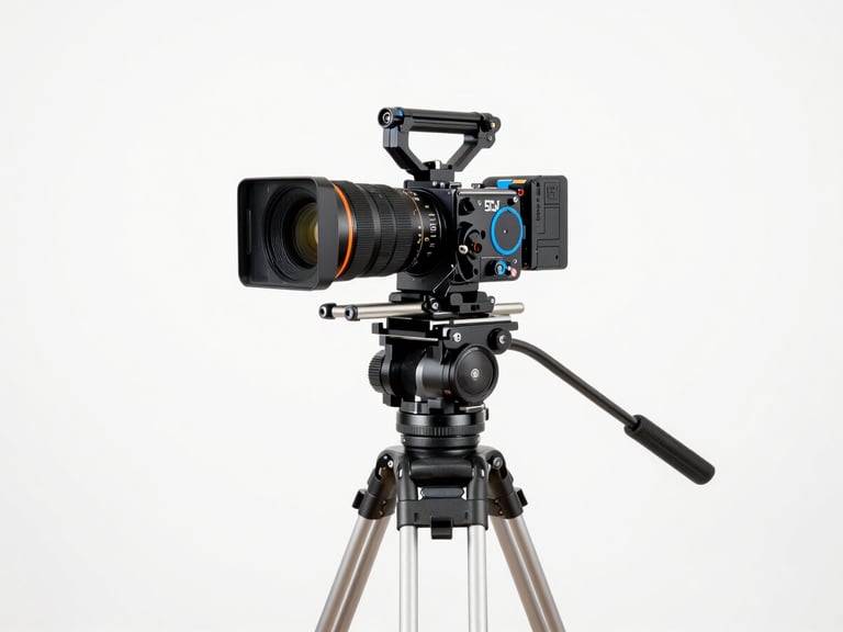 A high-end modern cinematic camera rig on a heavy tripod, clean studio background flooded with bright natural daylight, crisp metallic details, 50mm lens