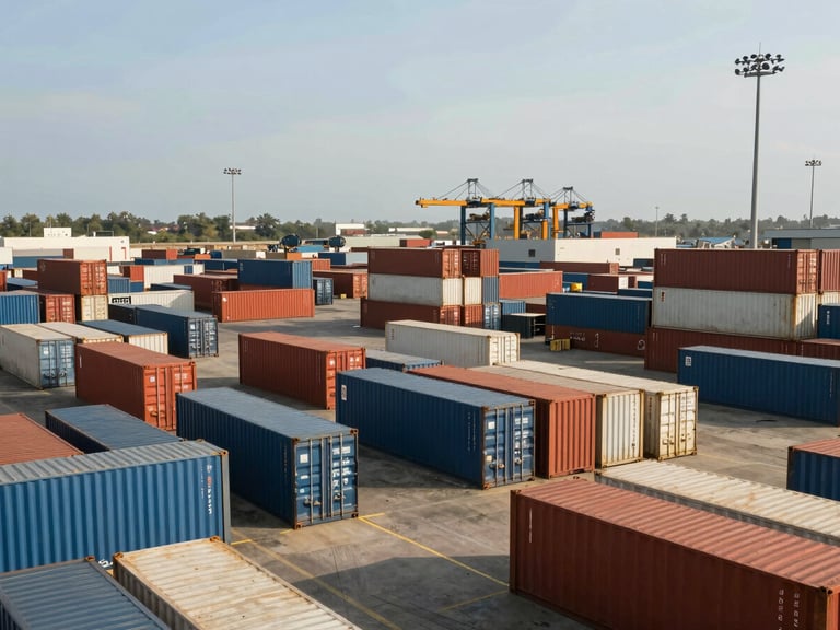High-end environmental shot of cargo containers and logistics infrastructure at the Apapa Port in Lagos under bright afternoon sun, structured composition.