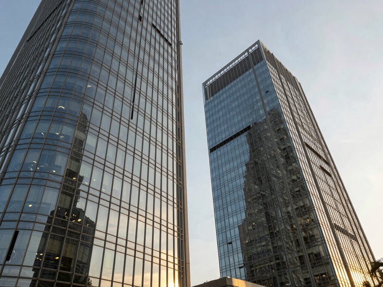 Low-angle architectural shot of modern corporate glass towers in Ikoyi, Lagos, reflecting warm golden hour sunlight, sharp clean lines.