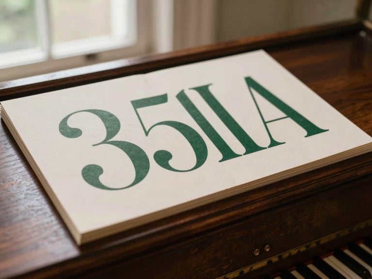 Close-up of elegant typography specimens resting on a dark wooden piano console, soft natural window light, warm cream and forest green tones, 35mm photography