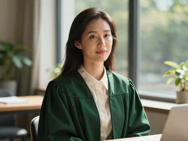 A warm editorial portrait of a female lawyer in a sunlit creative workspace, soft window light, rich forest green tones, shallow depth of field