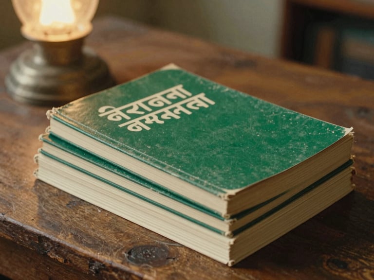 Close-up of vintage Bengali book covers stacked on a rustic wooden table, warm lamp light, nostalgic mood.