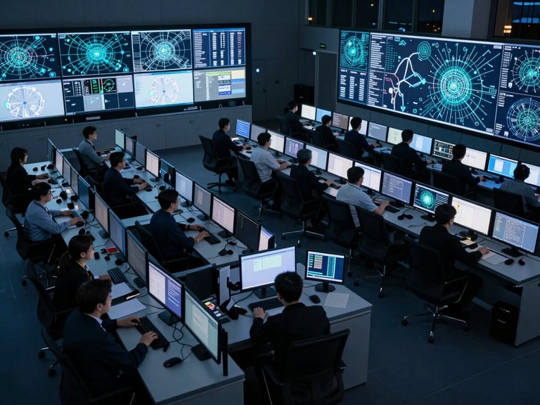 Wide architectural overhead view of a security operations center at night, banks of monitors displaying network topology maps and threat vector overlays in cool cyan-blue light, operators at consoles in dim blue-lit environment, calm under load, no alarmed faces, shot from above and to the side revealing the full room geometry