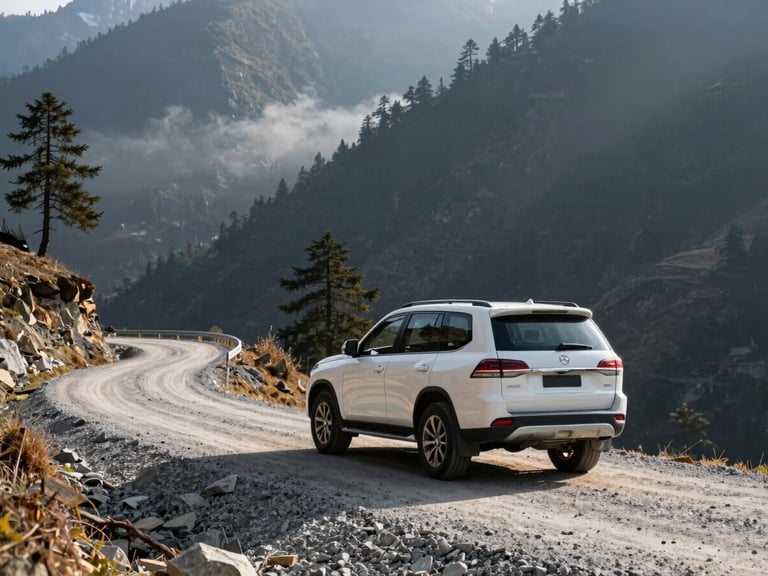 A sturdy white all-wheel-drive SUV traversing a winding gravel road in Sikkim, dramatic mountain shadows, misty pine forests, wide environmental shot.