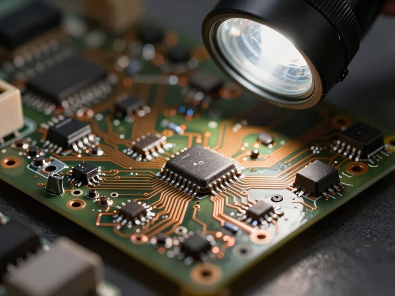 Macro close-up of vintage circuit board with clean solder joints, focused bench-lamp lighting, copper backlights, shallow depth of field.