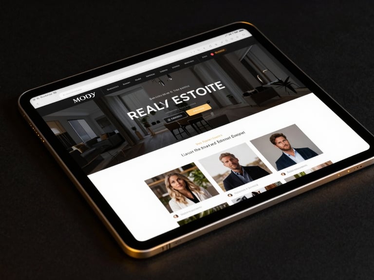 Moody dark-mode product photography of an iPad mockup showing a luxury real estate website, golden rim lighting, deep black background, metallic gold accents, ultra-sharp 8k