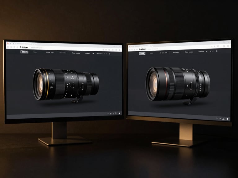 Before and after comparison of a website on two sleek monitors, dark workspace, subtle golden light, ultra-sharp 8k