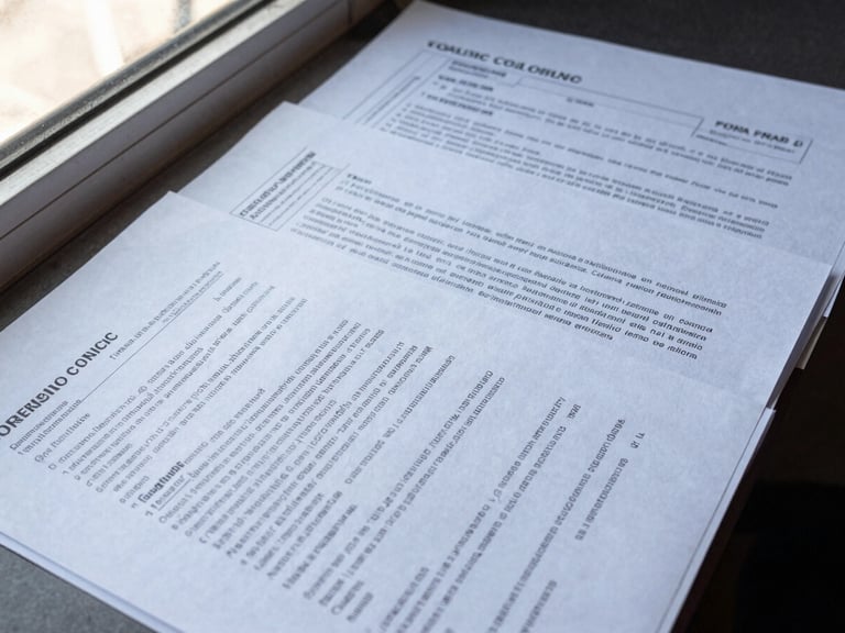 Close documentary shot of Colombian traffic fine documents and legal case file papers spread on a desk, natural daylight from a window to the left, handwritten notes visible on the margins, no people