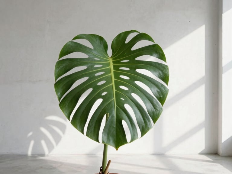 Foliage of a large Monstera Deliciosa with dramatic architectural shadows in a bright, minimalist concrete room, 35mm lens, diffused daylight.