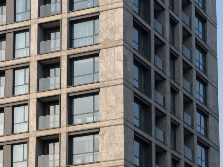 Architectural detail of a modern high-rise development, sharp morning shadows, high-contrast concrete and glass, 35mm architectural lens