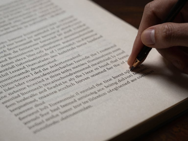 Macro close-up of hands reviewing a high-quality printed legal manuscript under dramatic side-lighting