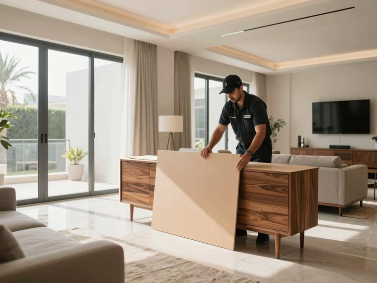Wide environmental shot of a clean, modern Dubai villa room, a uniformed packing specialist methodically applying protective heavy-duty outer boards to a designer wooden sideboard, bright natural daylight.