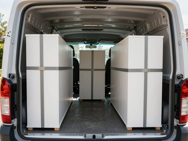 Interior of a clean, organized Home Haven moving truck, custom-wrapped furniture secured with soft-padded straps against the walls, bright daylight illuminating the structured arrangement.
