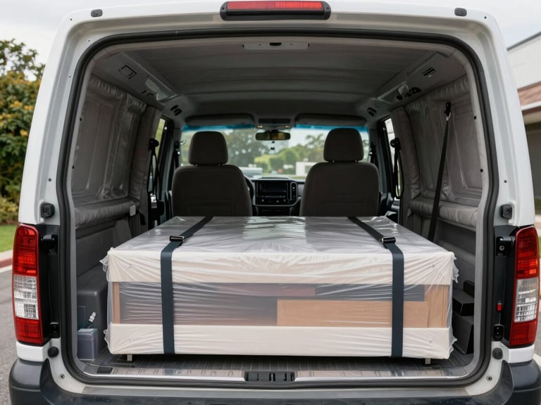 A clean, organized moving truck interior with custom padded walls, showing secure straps holding wrapped high-value furniture in place under natural daylight.