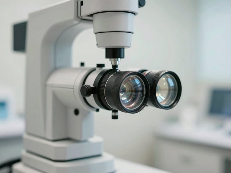 Medium close-up of a modern ophthalmic corneal topographer in a brightly lit, sterile clinic, soft natural light reflecting off clean glass lenses.