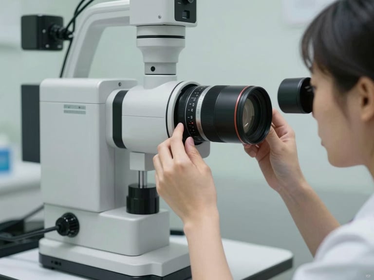 Close-up of a clinical professional adjusting a high-resolution retinal camera in a clean, modern examination room.