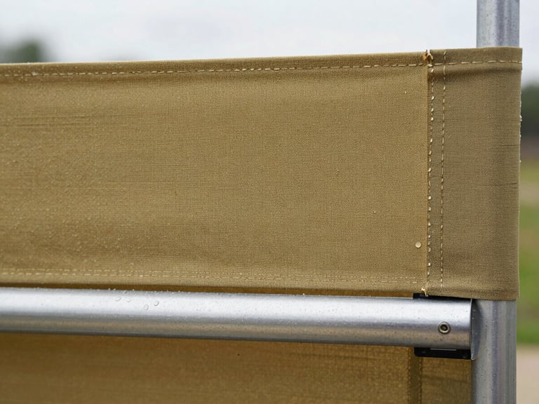 Macro detail shot of water-beading fabric on a double-powder-coated aluminum frame, outdoor setting, overcast daylight, sharp focus on texture