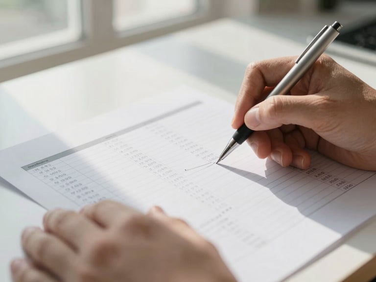 Close-up of hands marking up a printed financial plan on a desk under natural north-facing window light, a pen in motion, columns of figures visible but not readable, clean organized surface, no faces, quiet atmosphere of focused professional review