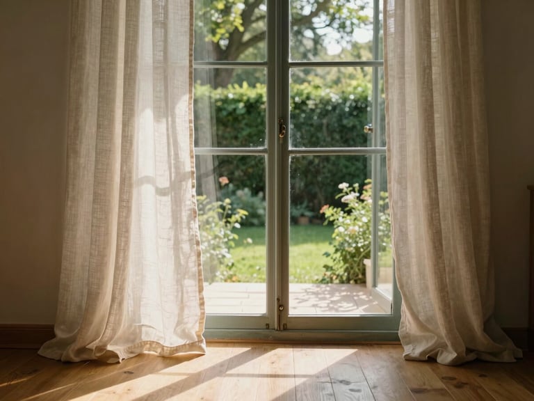 A bright, sunlit French interior with warm oak wood floors, soft linen curtains gently moving in a morning breeze, views of a lush green garden framed by a large steel-framed window, diffused natural daylight.