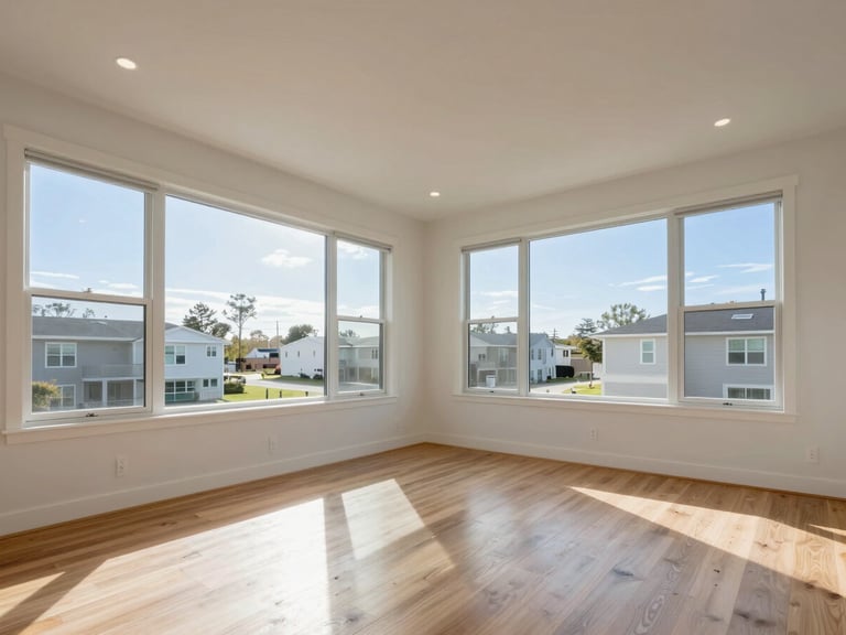 Wide-angle architectural photograph of a modern residential interior with expansive windows, bright natural daylight casting soft sun flares across clean hardwood floors, clear outdoor views.