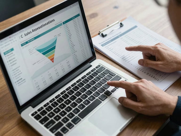 Overhead close-up of a desk with an open laptop showing a sales attribution dashboard with funnel metrics, a printed report beside it, and a hand pointing at a data column, cool office daylight, no people visible from above the wrist