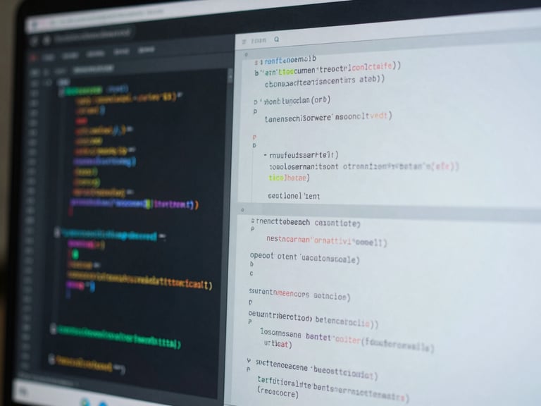 Extreme close-up of a high-resolution display showing clean structured code, cool-toned laboratory lighting, sharp focus, architectural geometry