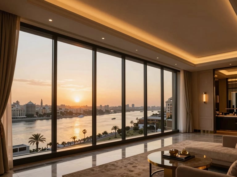 Elegant interior of a luxury Cairo penthouse apartment with panoramic floor-to-ceiling views of the Nile at sunset, warm ambient lighting, premium details.