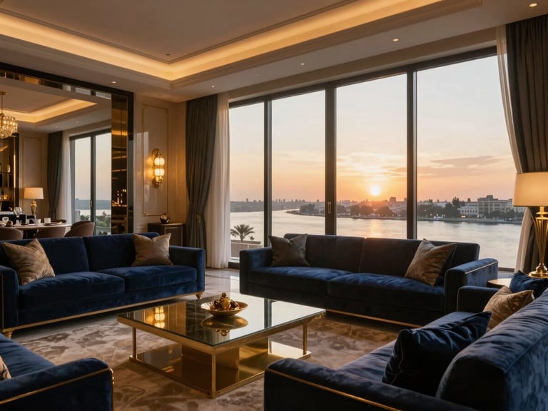 Cinematic close-up of a luxurious Cairo penthouse living room, floor-to-ceiling windows showing the Nile at sunset, warm ambient lighting, elegant gold and navy accents, high-end furniture